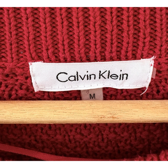 Calvin Klein Red Chunky Knit Sweater Crewneck Classic Logo Festive Holiday M - Picture 3 of 11